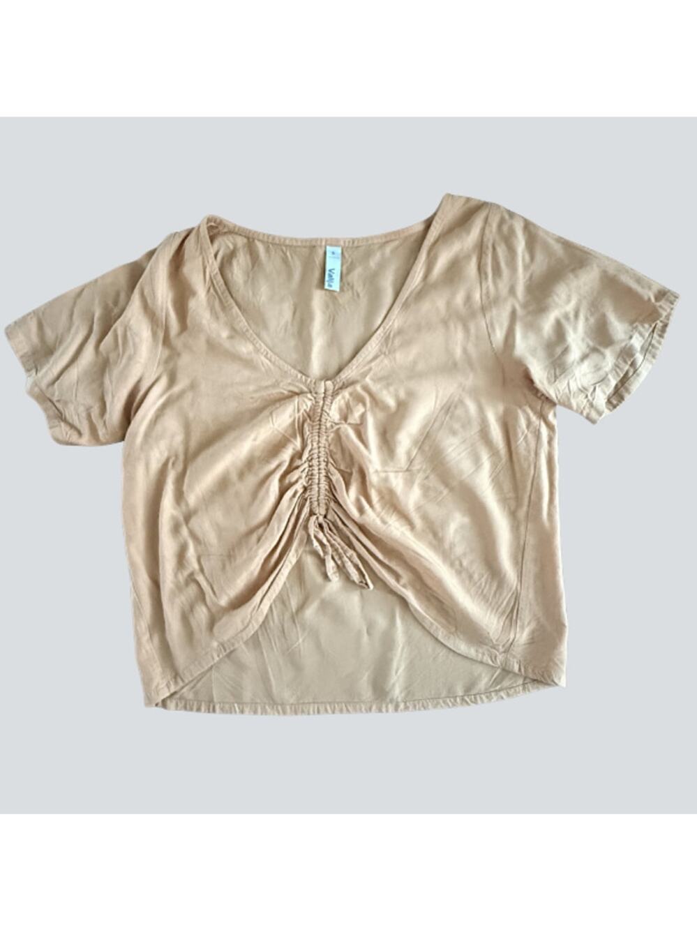 Valija Tan Ruched Front Crop Top Womens S Rayon V-Neck Boho Beige Casual